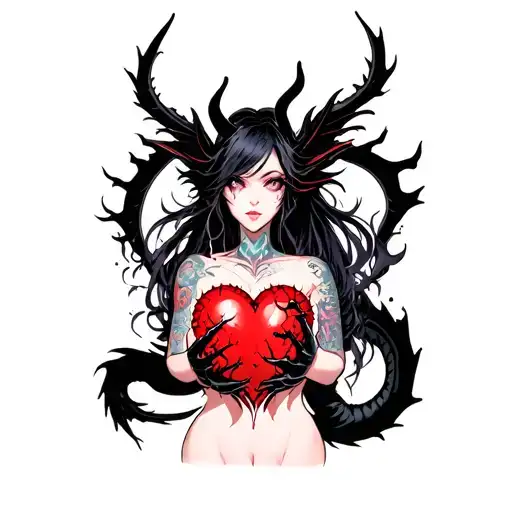 tattooed anime demon spirit woman holding a shattered heart with a heart shaped black dragon surround tattoo design idea