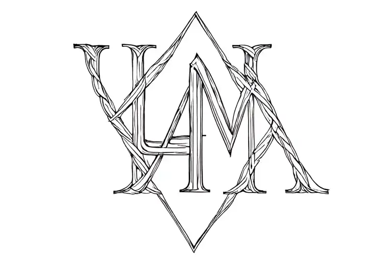 A tattoo with large letters "L" and "M", smaller "A", A and "T" woven into the background of the design. tattoo design idea