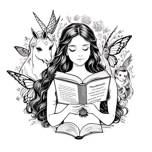 tattoo design of daughter reading magical book with illustrations of magical fairies and unicorns behind her tattoo design idea