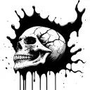 dark demonic cracked skull with black blood flowing down in perspective cosmic horror tattoo design idea