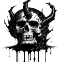 dark demonic cracked skull with black blood flowing down in perspective cosmic horror tattoo design idea