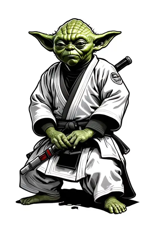 mr. Yoda full body in white Gi (BJJ) tattoo design idea