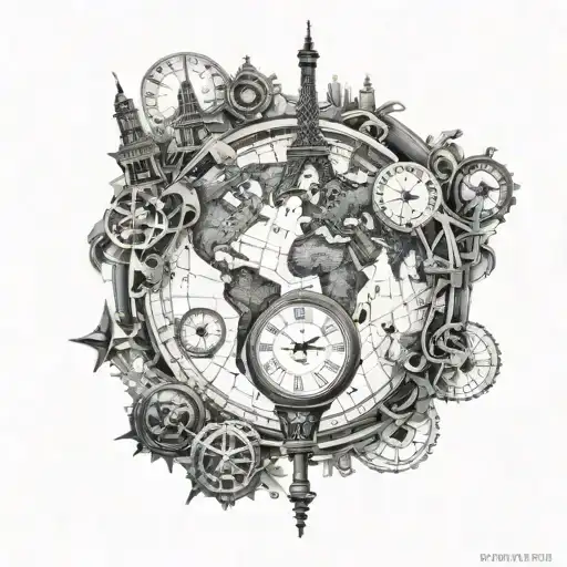 steampunk, world map, eiffel tower, kalifa tower dubai, compass, clock tattoo design idea