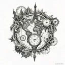 steampunk, world map, eiffel tower, kalifa tower dubai, compass, clock tattoo design idea