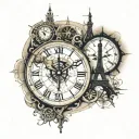 steampunk, world map, eiffel tower, kalifa tower dubai, compass, clock tattoo design idea