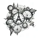steampunk, world map, eiffel tower, kalifa tower dubai, compass, clock tattoo design idea