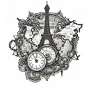 steampunk, world map, eiffel tower, kalifa tower dubai, compass, clock tattoo design idea