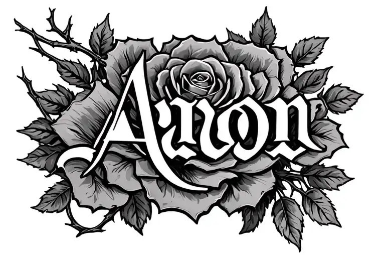 Aaron written in thorn text with a rose intertwined tattoo design idea