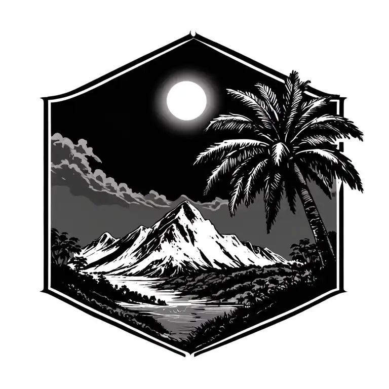mountain sun palm tree tattoo design idea