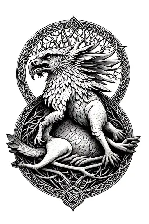 1 celtic griffin lying down on top of a circle with the tree of life in it. tattoo design idea