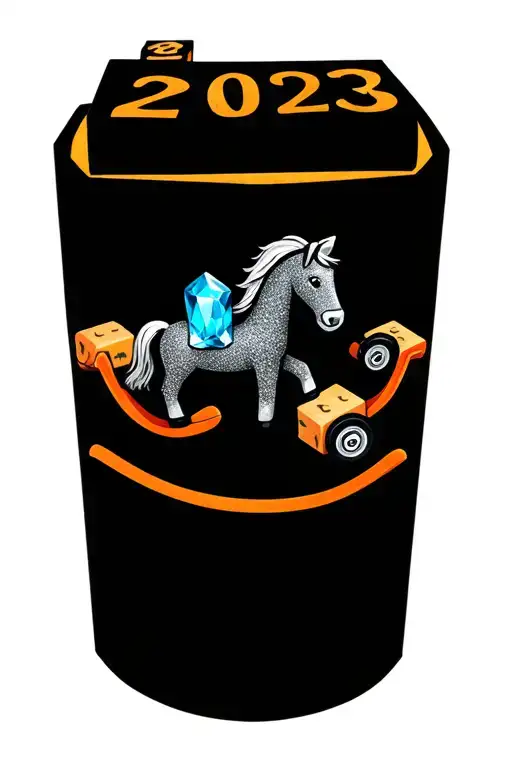 Birth Date 2023 incorporated within some toy blocks. a rocking horse and a toy car. 2 hand prints holding a birth stone tattoo design idea