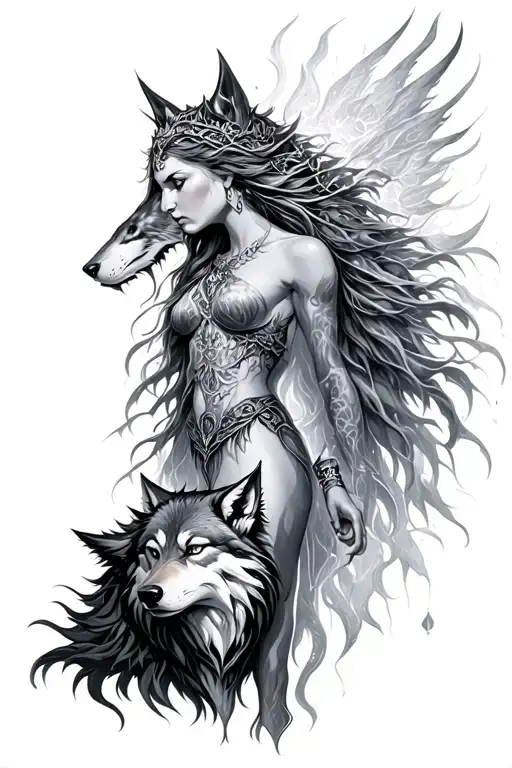 Hel goddess with fenrir wolf tattoo design idea