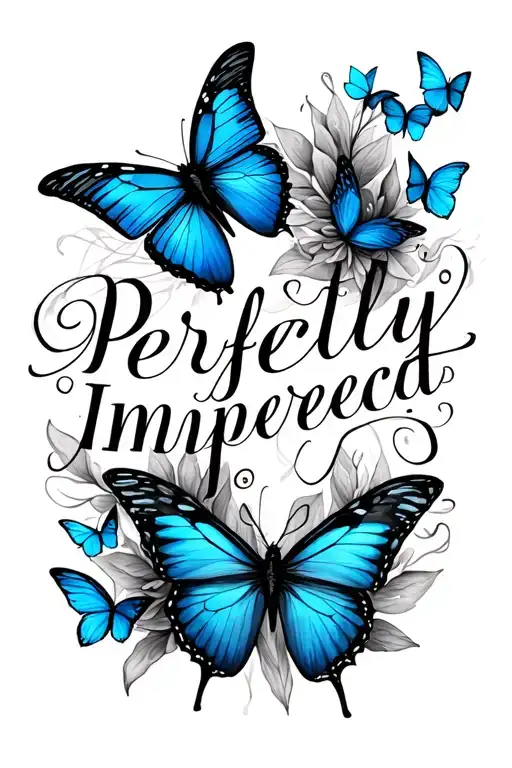 "Perfectly Imperfect " Perfectly Imperfect quote with blue butterfly surrounded tattoo design idea