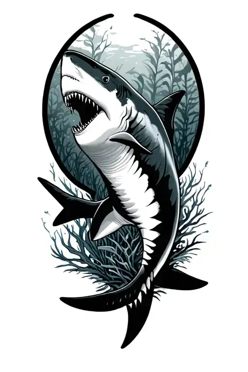 shark with kelp forest tattoo design idea