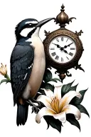 woodpecker, lilies, clock tattoo design idea