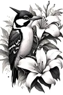 woodpecker, lilies, clock tattoo design idea