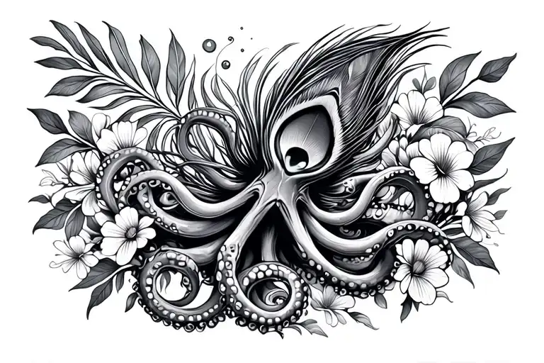 peacock feather and octopus tentacles with wild flowers tattoo design idea