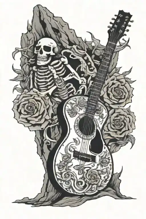 skeleton rock guitar standing tattoo design idea