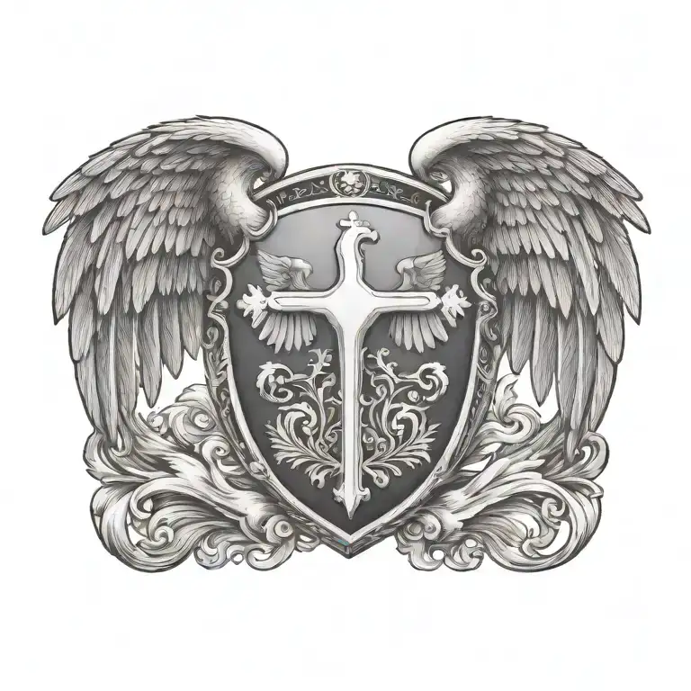 Coat of arms with cloud , wing of dove and cross tattoo design idea