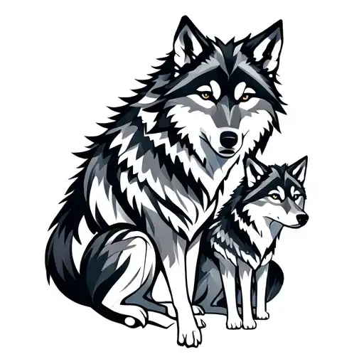 She-wolf and 3 she-wolves and wolf cubs tattoo design idea