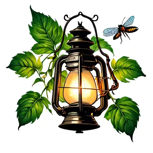 lantern with firefly insect tattoo design idea