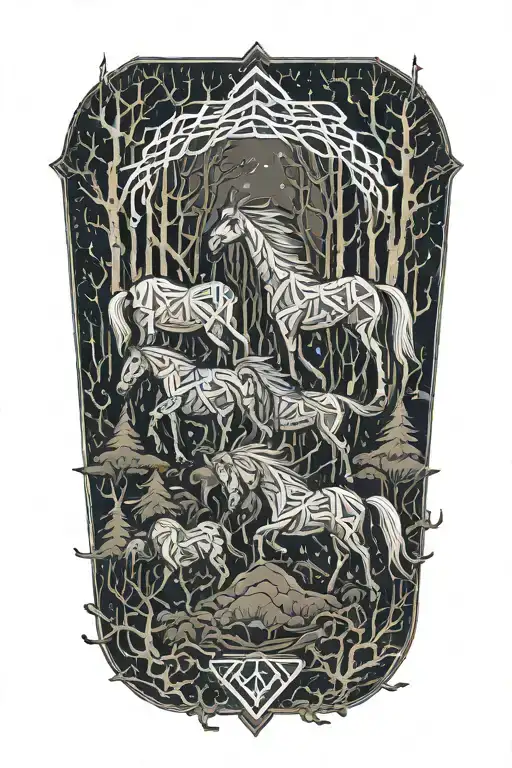 horses framed by thunderstorms in a forest with snow tattoo design idea