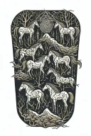 horses framed by thunderstorms in a forest with snow tattoo design idea