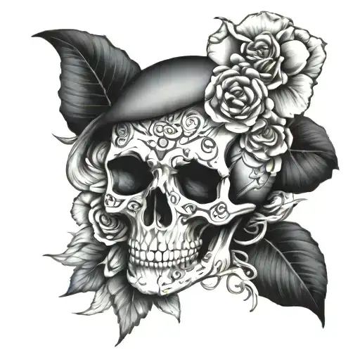 Skull with a snake wrapped around it, floral decor not including roses tattoo design idea