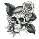 Skull with a snake wrapped around it, floral decor not including roses tattoo design idea