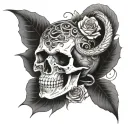 Skull with a snake wrapped around it, floral decor not including roses tattoo design idea