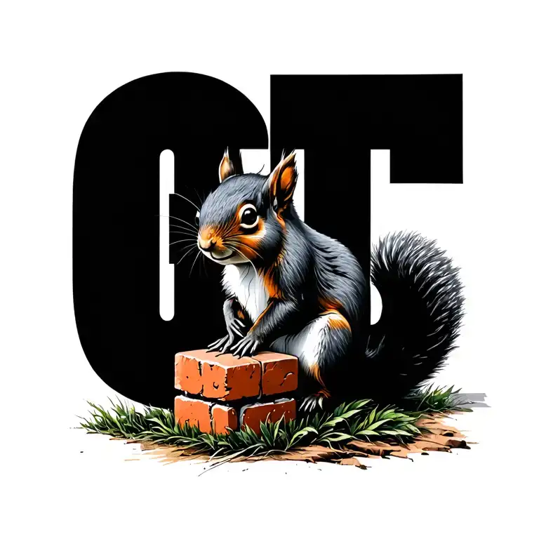 Create a small tattoo that incorporates a squirrel and a red brick, with deep shading, also hiding the letters CT tattoo design idea