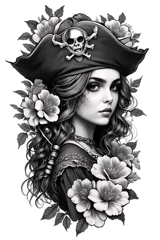 pirate female flowers surrounding tattoo design idea