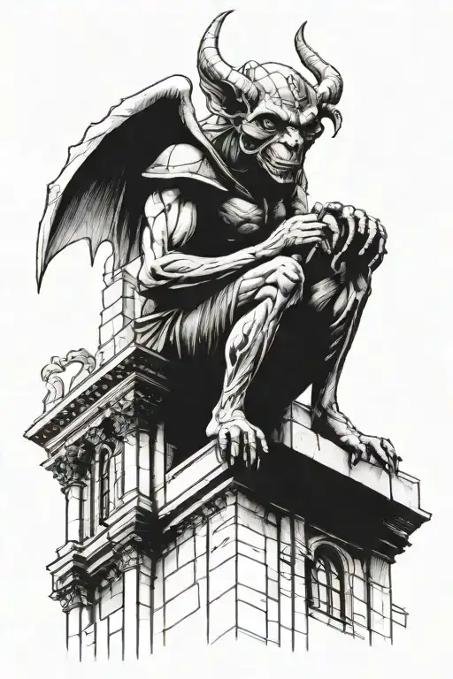 gargoyle perched on cathedral scene tattoo design idea