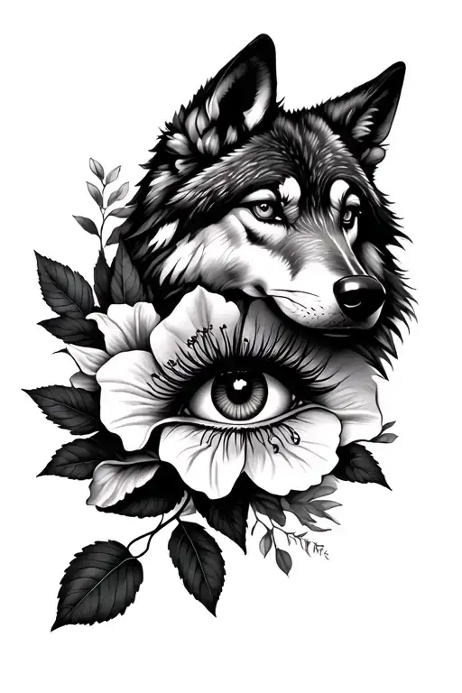 feminine wolf and azalea over an eye and leaves around it tattoo design idea