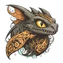 Toothless, from How To Train Your Dragon, but represented as a swirling smoke tattoo design idea