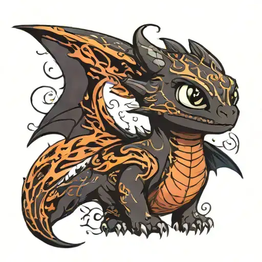 Toothless, from How To Train Your Dragon, but represented as a swirling smoke tattoo design idea
