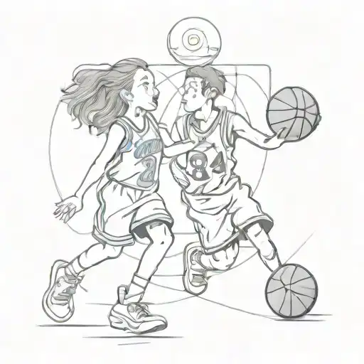 girl and boy playing basketball, simple design featuring girl wearing number 8 jersey and boy wearing number 24 jersey. tattoo design idea