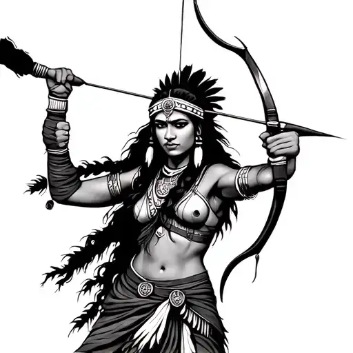 female Indian warrior wielding a bow and arrow tattoo design idea