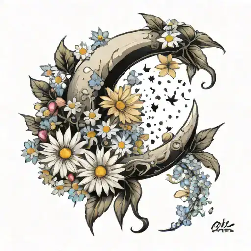 A detailed crescent moon surrounded by daisies and cosmos flowers tattoo design idea