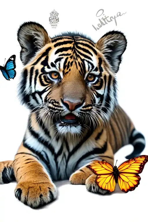playful tiger cub w butterfly tattoo tattoo design idea