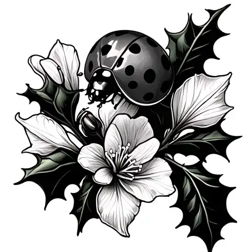 ladybug on a branch of holly and narcissist flower tattoo design idea