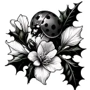 ladybug on a branch of holly and narcissist flower tattoo design idea