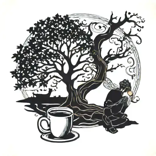 tree of life with silhouette of someone reading a book and drinking coffee tattoo design idea
