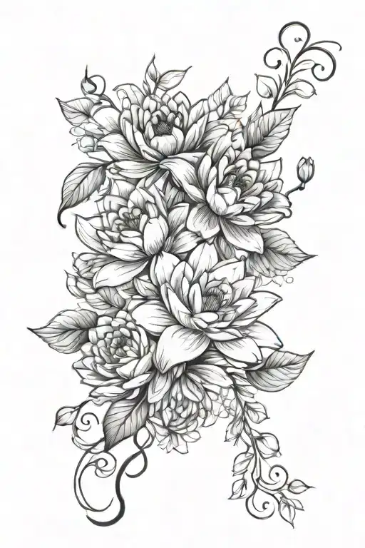 flowers on a vine water lily aster daffodil rose with details going around the flowers and vine withb a pretty sunshine tattoo design idea