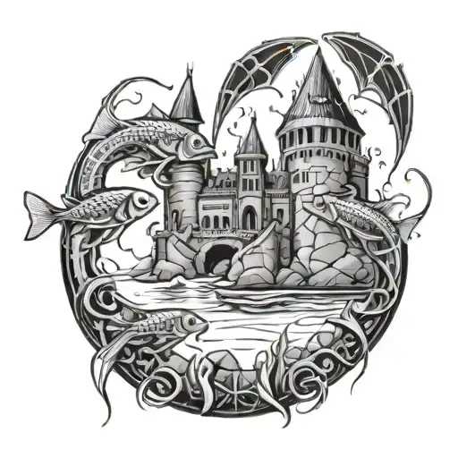 A gothic castle overlooking a river filled with cybernetic fish and spiders tattoo design idea