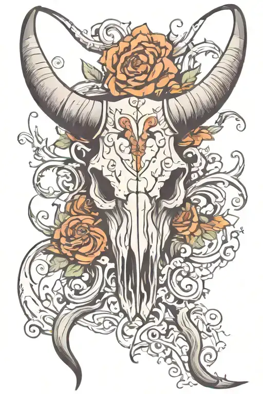 long horn bull skull tattoo design idea