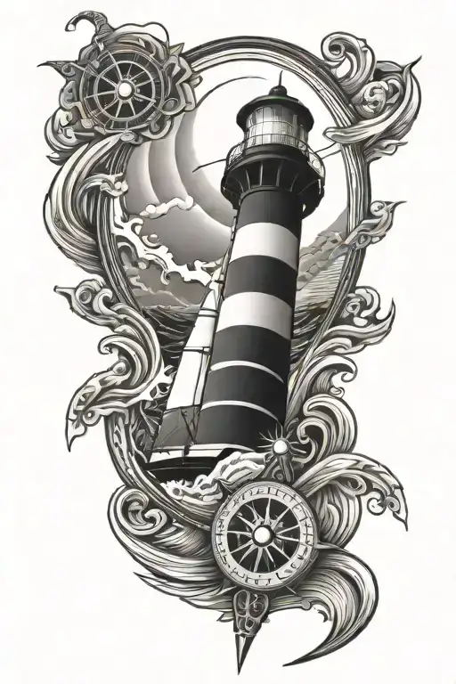 cape hatteras lighthouse with a compass and anchor , and waves tattoo design idea