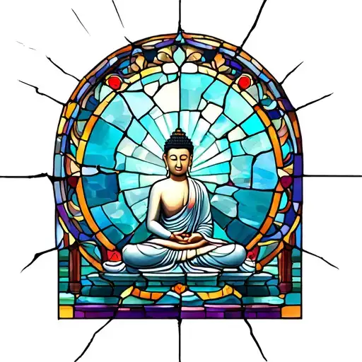 broken square stained glass window with buddha tattoo design idea