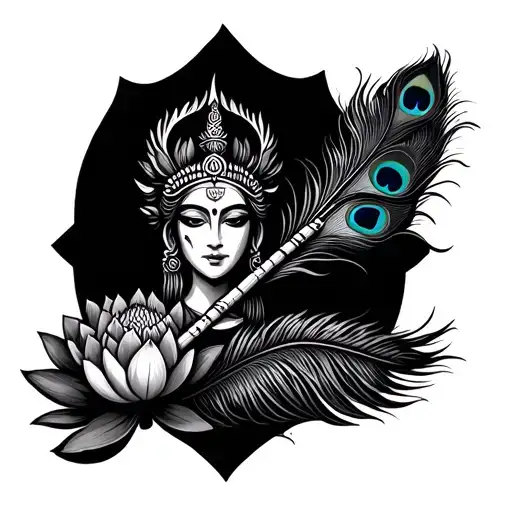 a Trishula with flute lotus and peacock feather  tattoo design idea