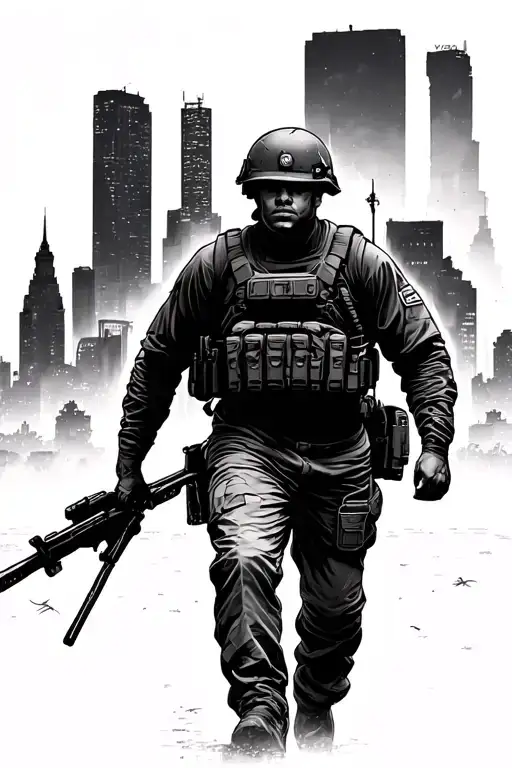 solider large silhouette walking home columbus ohio skyline in the background tattoo design idea